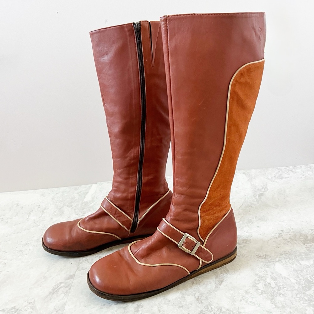 John Fluevog In the Money Burnt Orange Leather Suede Tall Riding Boots 70s 10.5